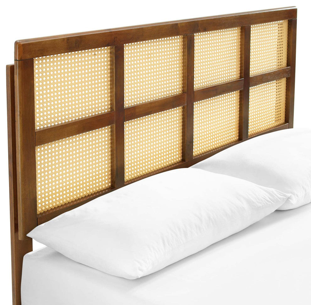 Sidney Cane and Wood Queen Platform Bed With Angular Legs