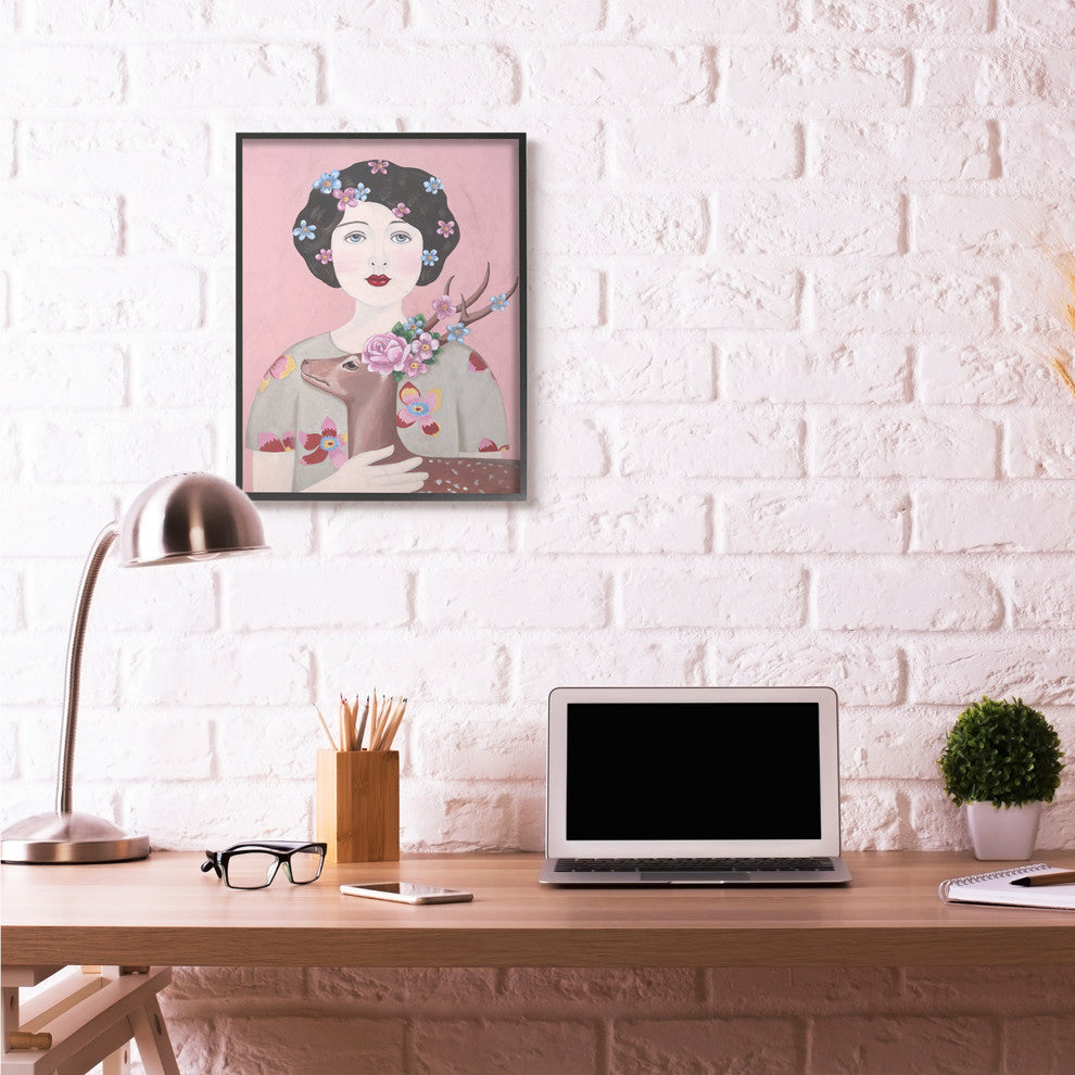 Woman And Deer Pink Animal Painting, 24"x30"