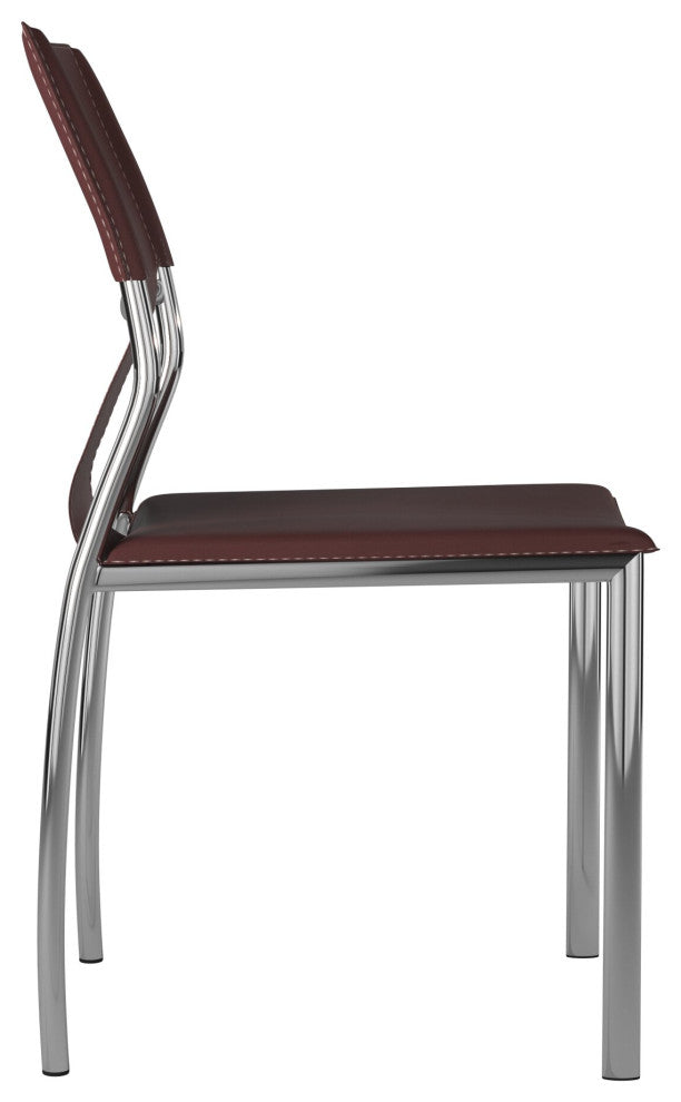 Leather Dining Chair With Chrome Legs Set of 4, Dark Brown