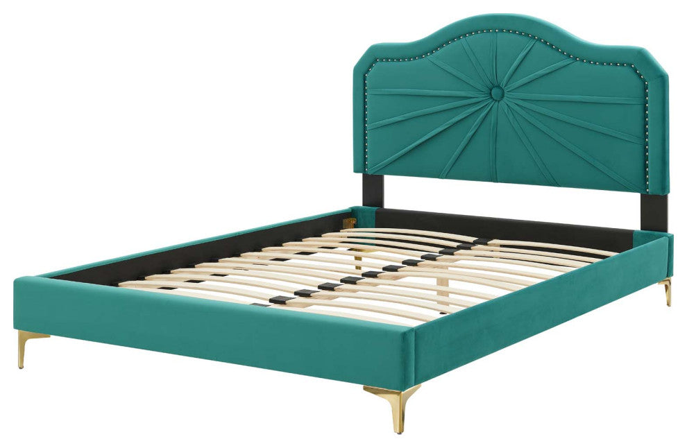 Platform Bed Frame, Twin Size, Velvet, Teal Blue, Modern Contemporary, Bedroom