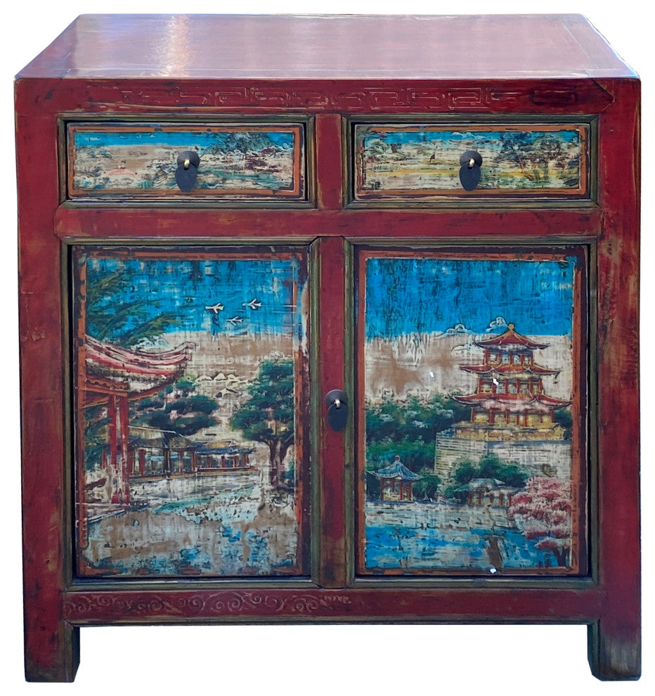 Chinese Distressed Red Blue Old Scenery Graphic Credenza Cabinet Hcs7393