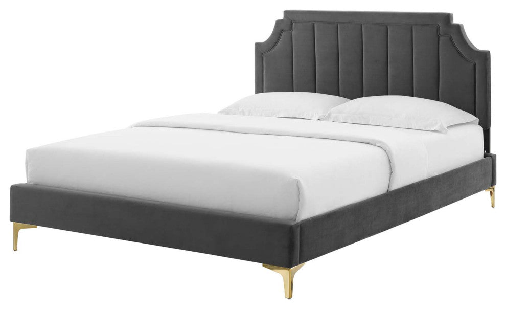 Platform Bed Frame, Queen Size, Velvet, Dark Gray, Modern Contemporary