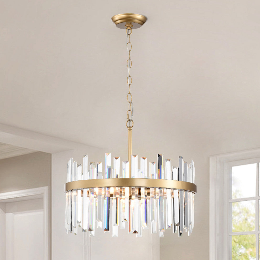 Eva 5-light Drum Crystal Glass Chandelier in Glossy Brass Finish