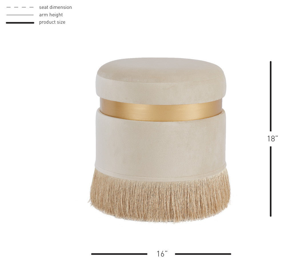 Suri Velvet Fabric Fringe Round Storage Ottoman, Serene Cream