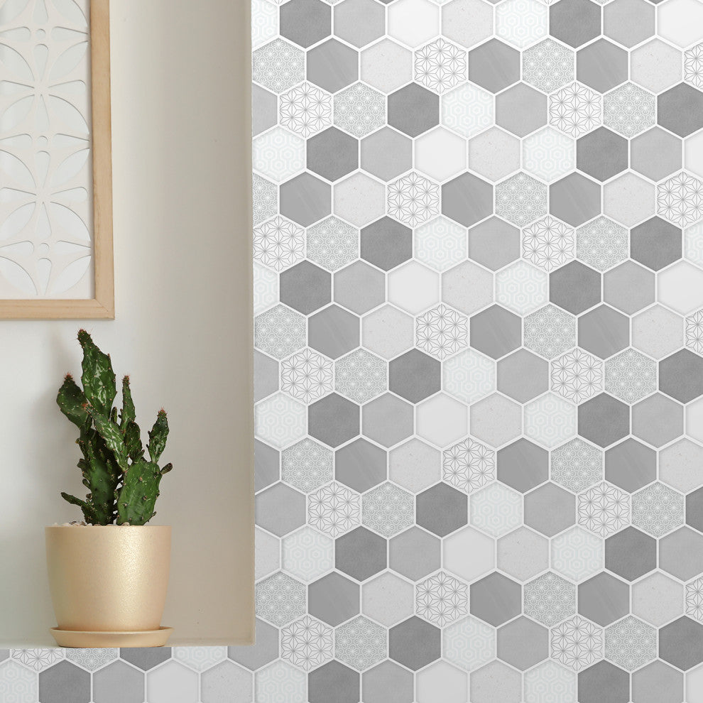 12"x6" Honey Hexa Grey Glossy 3D Tile Stickers, Set of 12