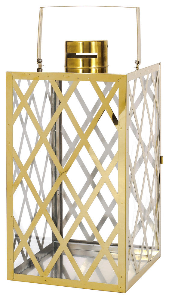 Cecil Outdoor 18" Modern Stainless Steel Lantern, Gold