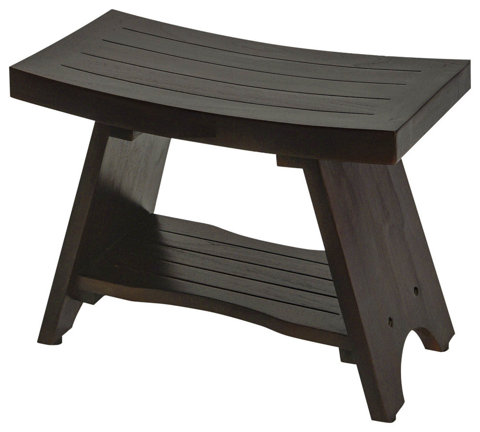HomeRoots Teak Rectangular Shower Bench With Shelf, Brown Finish
