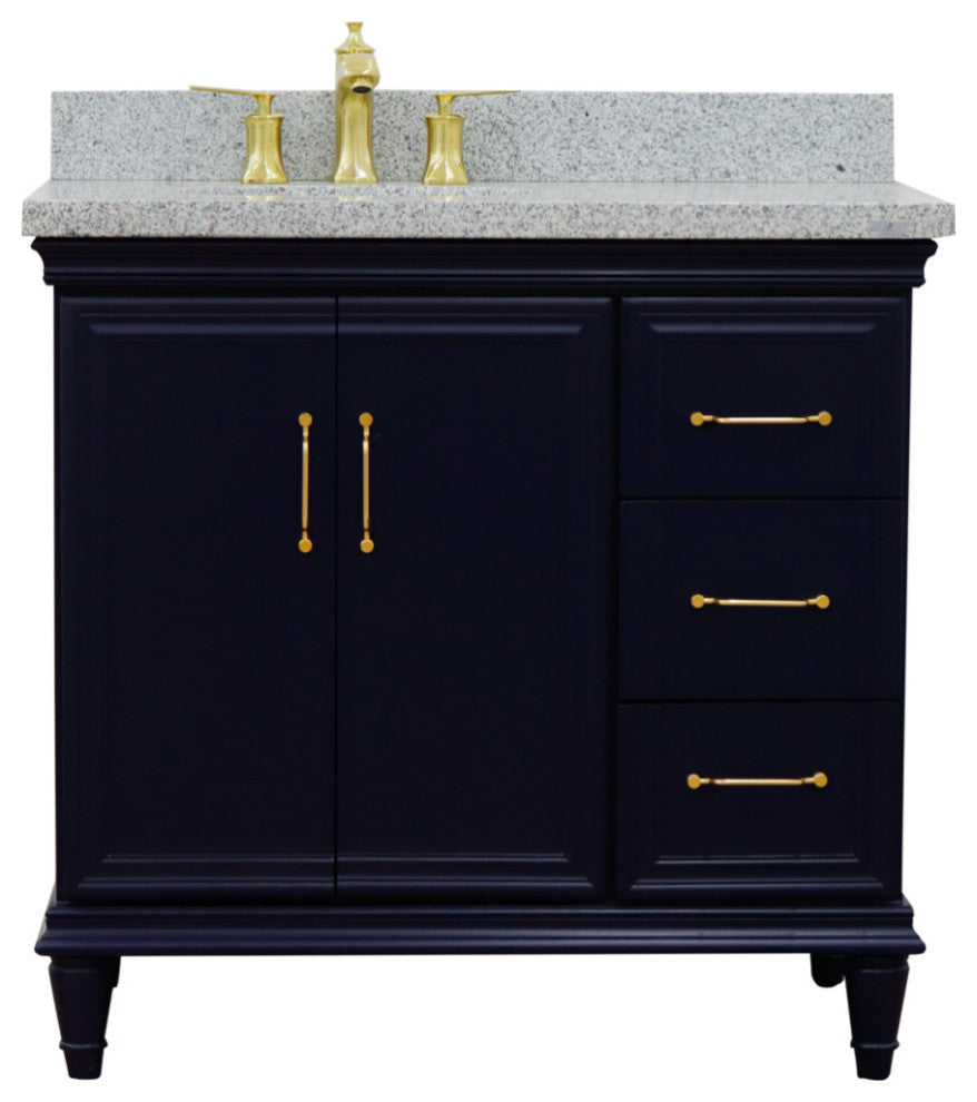 37" Single Vanity, Blue Finish With Gray Granite