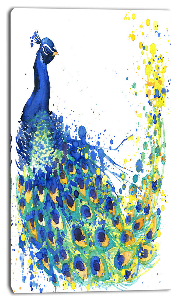 Exotic Peacock Watercolor, Contemporary Animal Art Canvas, 16"x32"