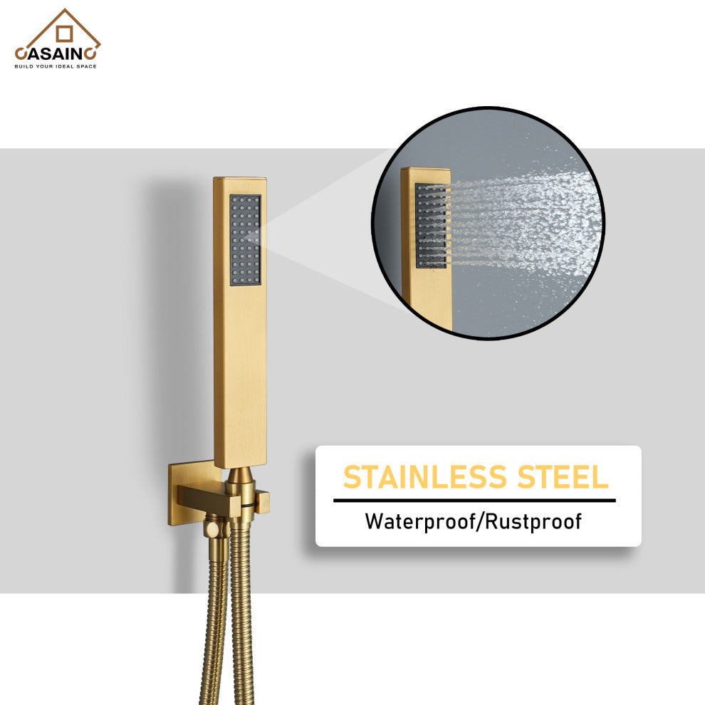 CASAINC 12" Wall Mounted Luxury Shower System Set w 6 Body Jets, Brushed Gold