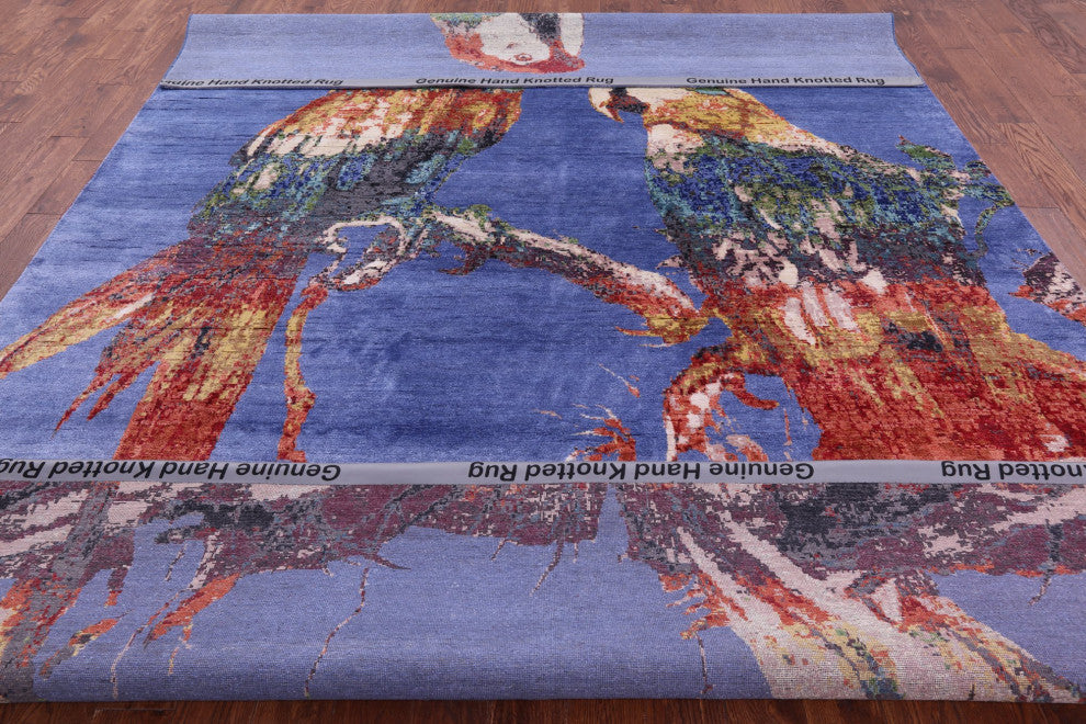 8' 10" X 12' 4" Modern Parrots Design Hand Knotted Silk Rug Q11601