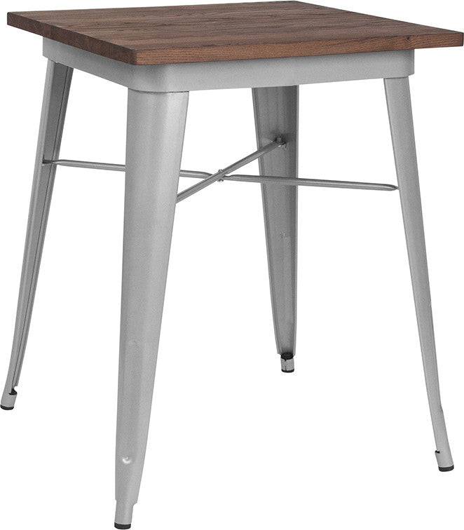 23.5" Square Silver Metal Indoor Table With Walnut Rustic Wood Top