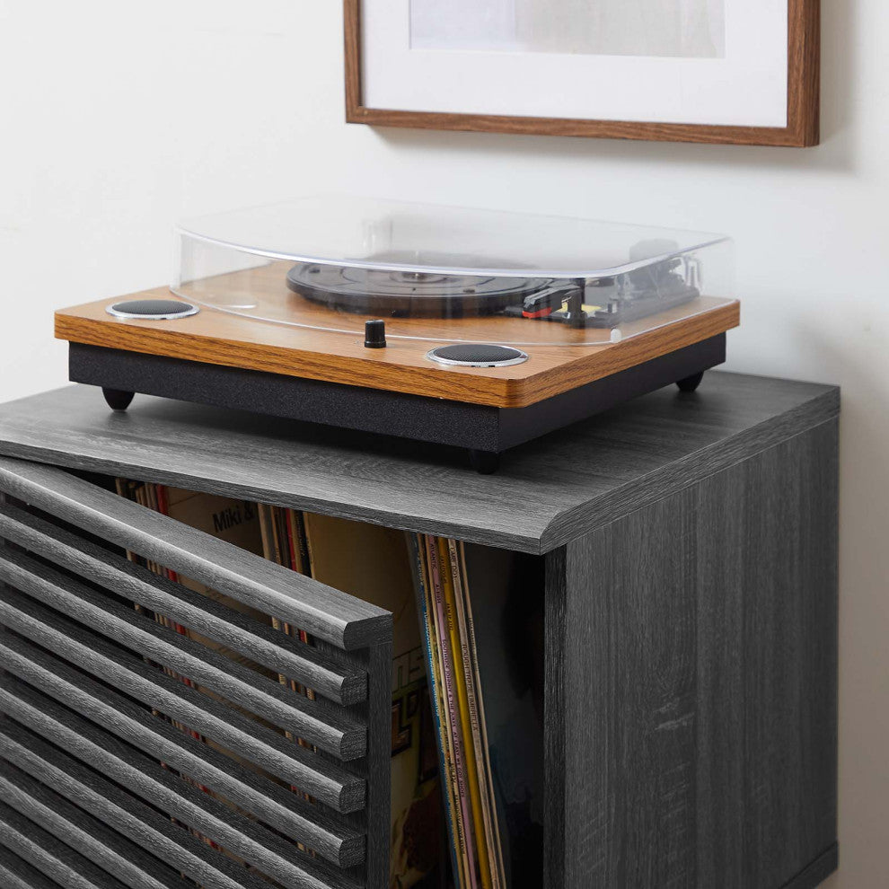 Vinyl Record Side Table Cabinet Stand, Charcoal Gray, Wood, Mid Century