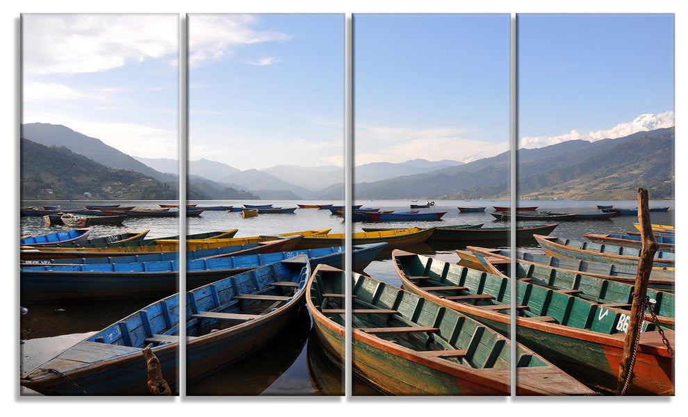 Colorful Boats Pokhara Lake, Boat Canvas Art Print, 48"x28", 4 Panels