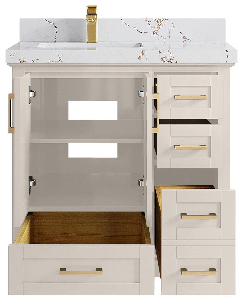 Boston 36" Left Offset Bath Vanity in Fine Grain 2" Viola Gold