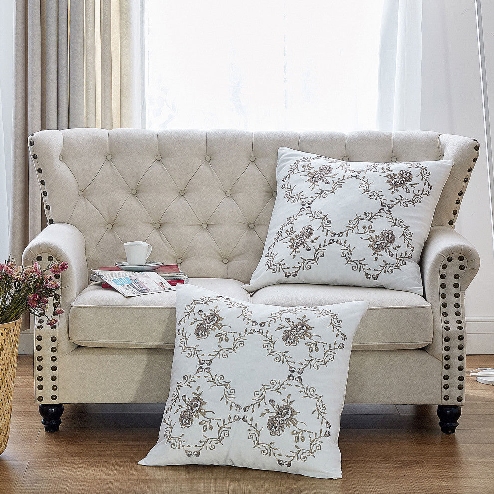 Rose Embroidery 2 Piece Pillow Cover Set, 26" X 26", Taupe