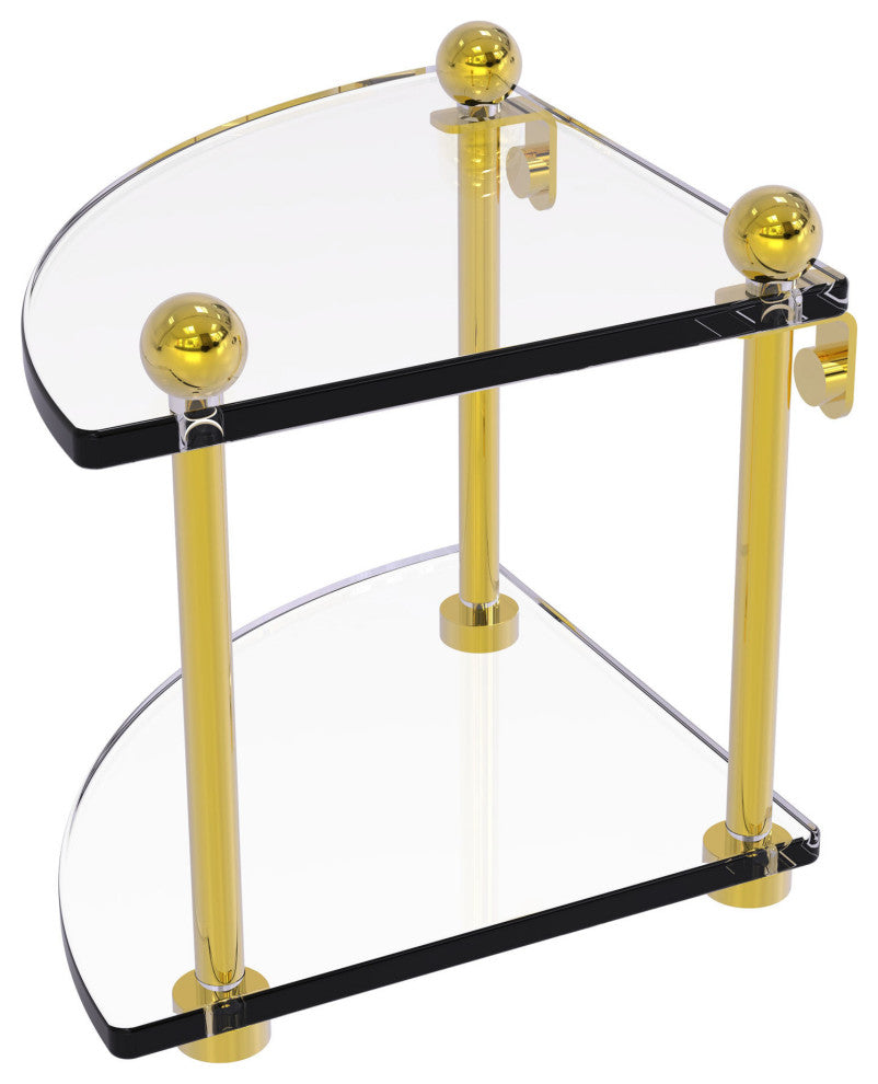 Two-Tier Corner Glass Shelf, Polished Brass