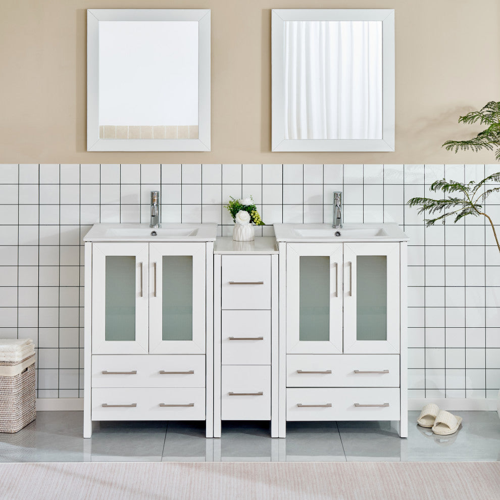 Vanity Art Vanity Set With Ceramic Top, 60", White, Led Touch-Switch Mirror