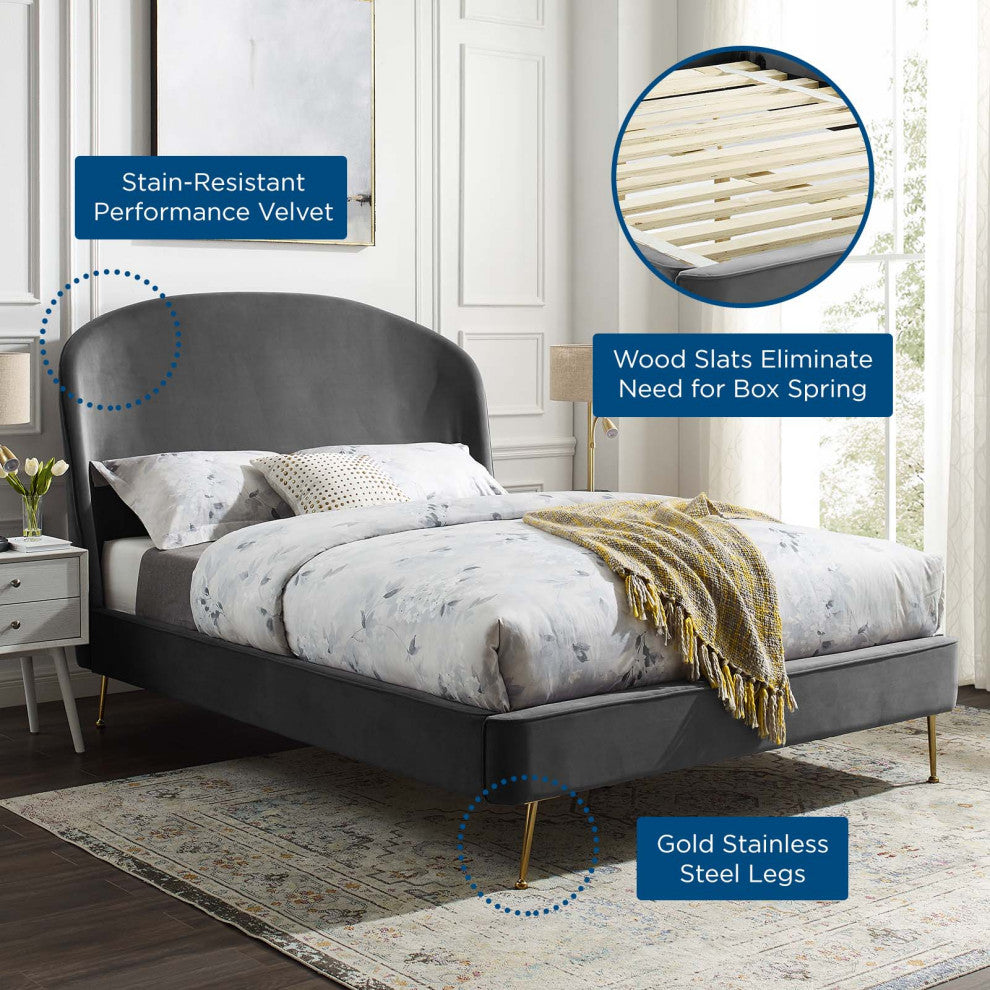 Platform Bed Frame, Queen Size, Velvet, Gray, Modern Contemporary, Bedroom