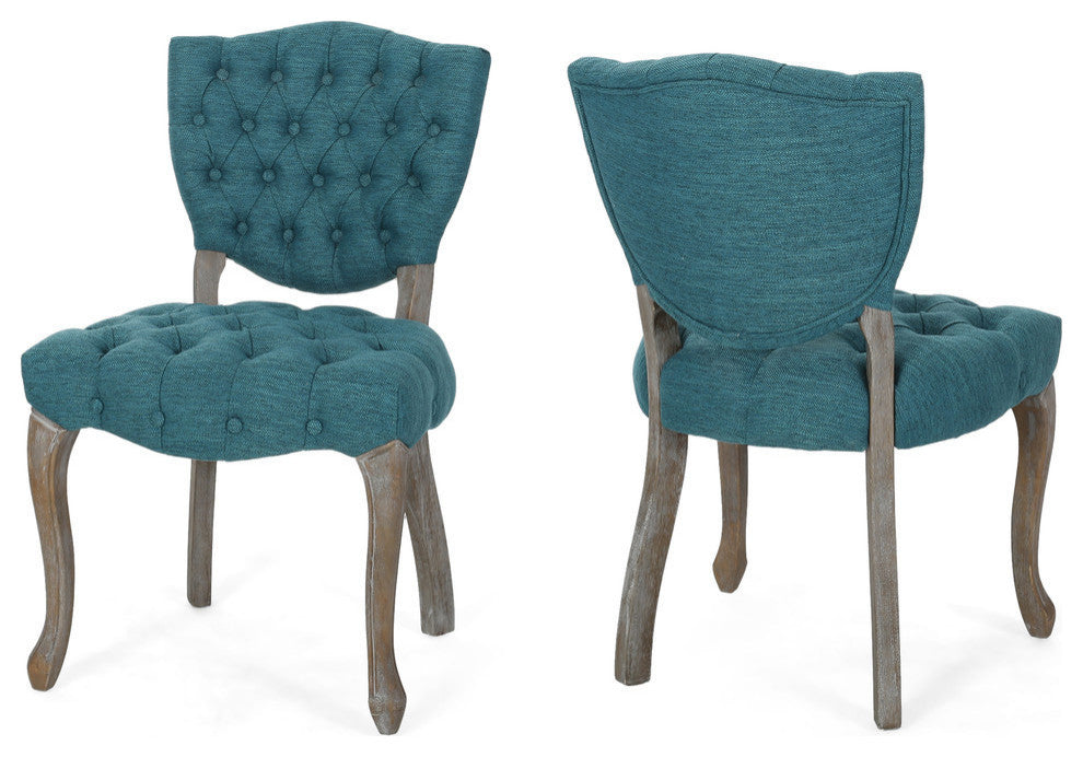 Case Tufted Dining Chair With Cabriole Legs, Set of 2, Teal, Brown Wash Finish