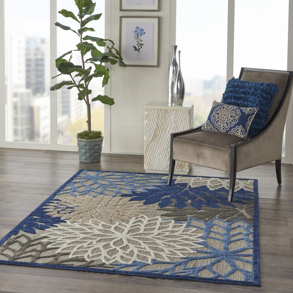 6 x 9 Blue Large Floral Indoor Outdoor Area Rug