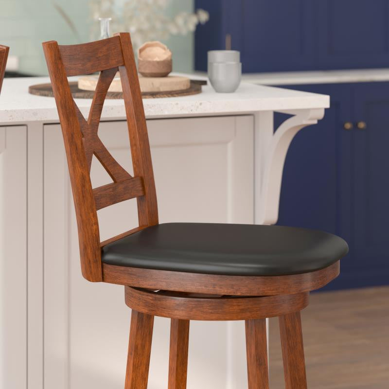 Felicity Wood Crossback Swivel Bar Height Barstool with Upholstered Seat, Black Vinyl/Antique Oak Frame