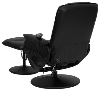Massaging Black Leather Recliner and Ottoman With Leather Wrapped Base