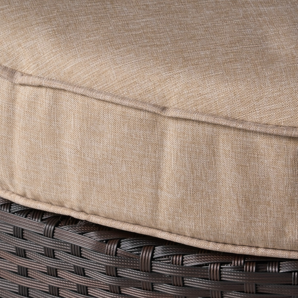 Boden Outdoor Wicker Ottoman With Cushion, Brown/Textured Beige