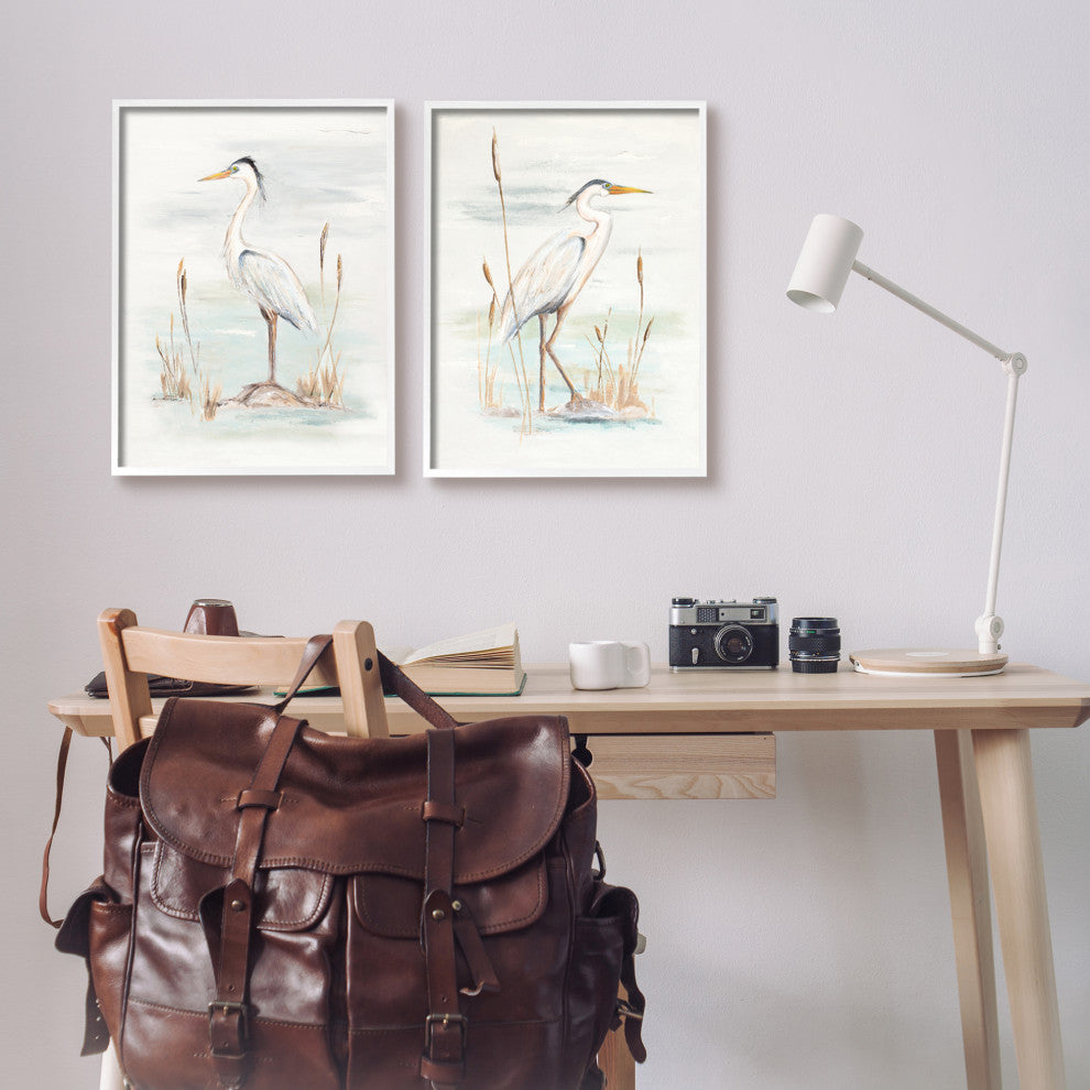 Elegant Heron Birds Cattails Plants In Water Painting, 2pc, each 16 x 20