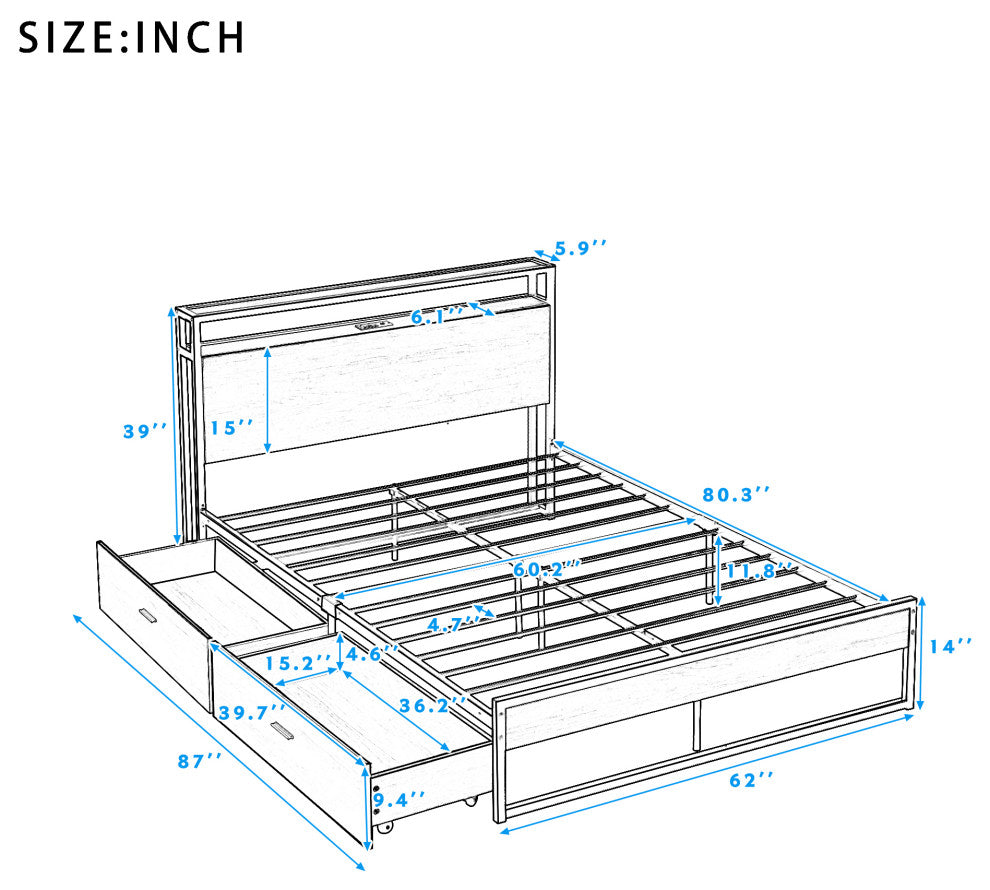 Full/Queen Metal Frame Wood Platform Bed with Two Drawers,Sockets and USB Ports,