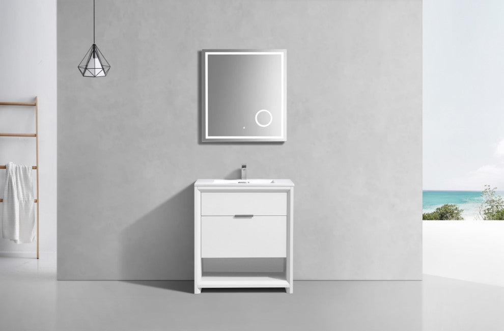 KubeBath Nudo 32'' Floor Mount Modern Bathroom Vanity, Gloss White