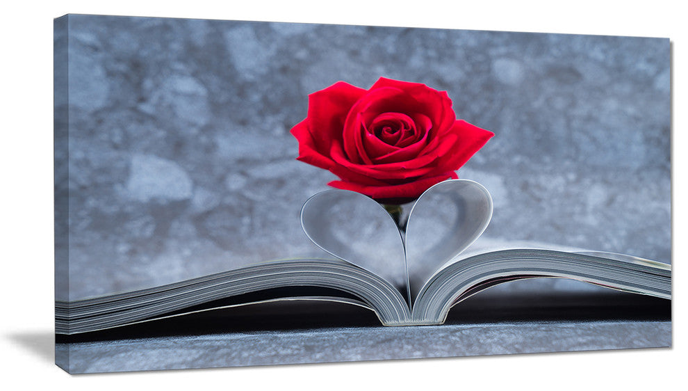 "Red Rose Inside the Book" Floral Art Canvas Print, 32"x16"
