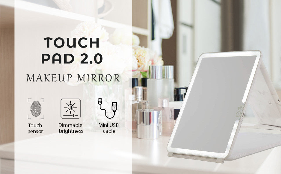 Touch Pad 2.0 Rechargeable LED Makeup Mirror with Flip Cover, White