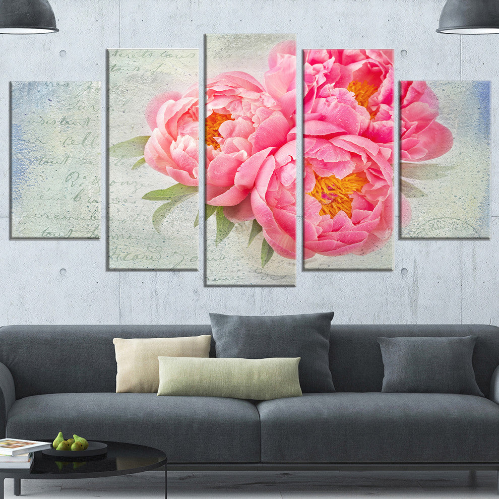 Pink Peony Flowers in White Vase, Large Floral Canvas Print, 60"x32", 5 Panels