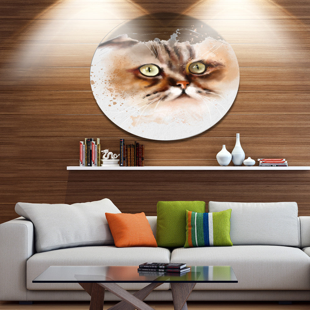 Cute Brown Cat Watercolor Sketch, Animal Disc Metal Artwork, 23"