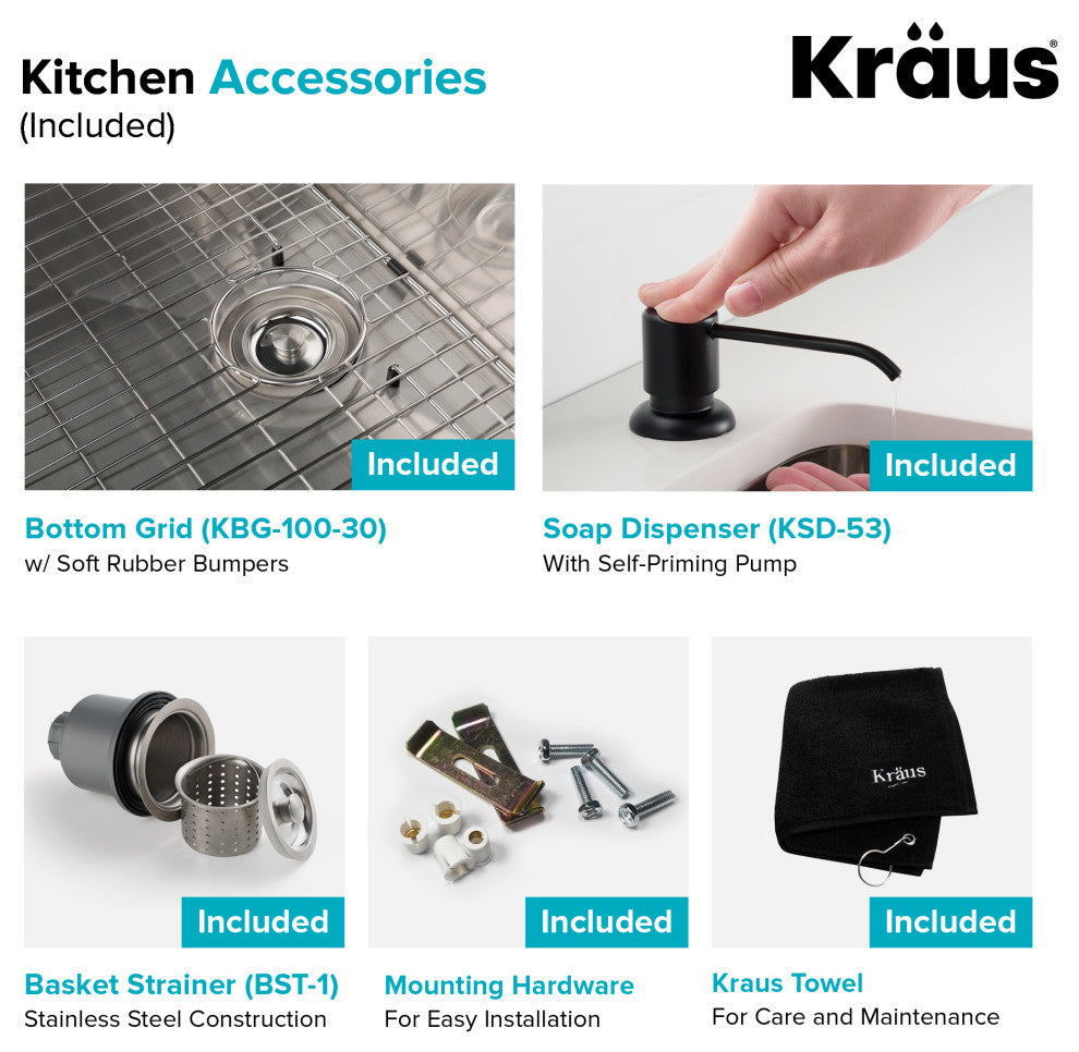 30" Undermount Stainless Steel Kitchen Sink, Pull-Down Faucet MB, Dispenser