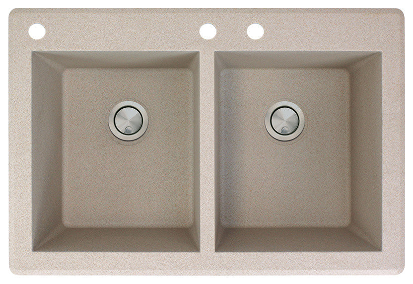 Radius 33" silQ Granite Double Bowl Kitchen Sink with 3 Holes in Cafe Latte