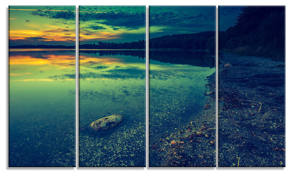 Dark Vintage Lake at Sunset, Boat Canvas Art Print, 48"x28", 4 Panels