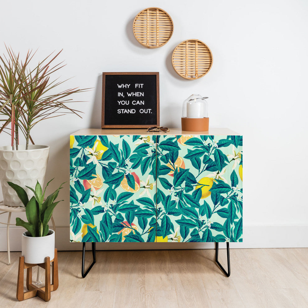 Deny Designs Lemon Pattern Credenza, Birch, Black Steel Legs