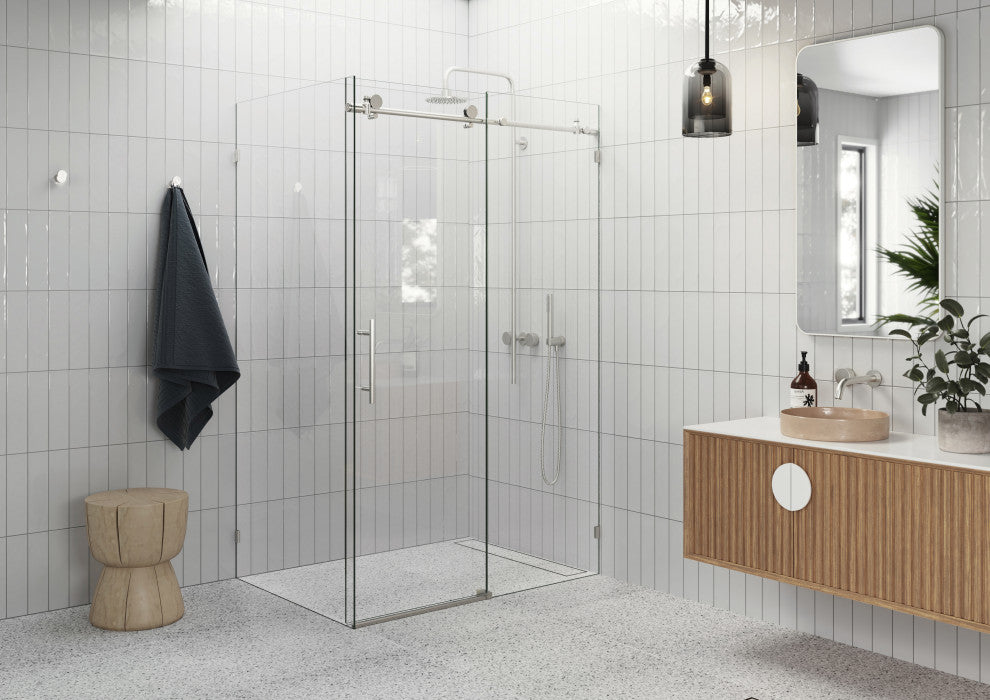 44"-48"x36"x78" Frameless Sliding Shower Door With Return Panel, Brushed Nickel