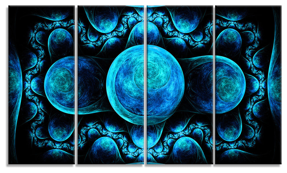 Blue Exotic Pattern on Black, Abstract Art on Canvas, 48"x28", 4 Panels