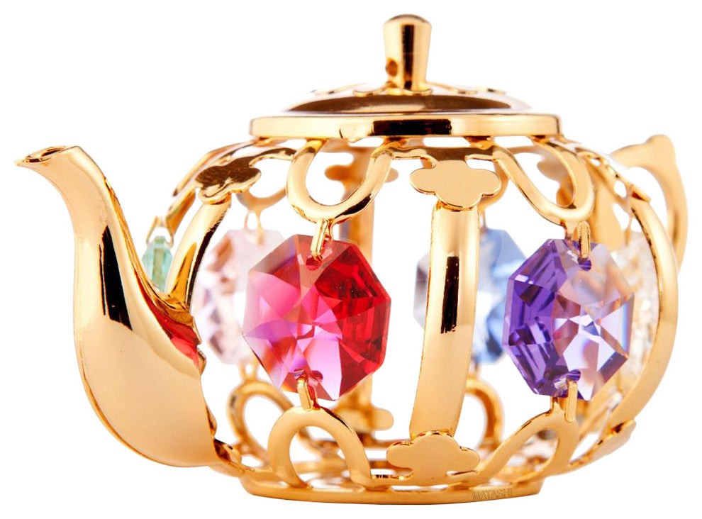 24K Gold Plated Teapot With Multicolored Crystals Ornament