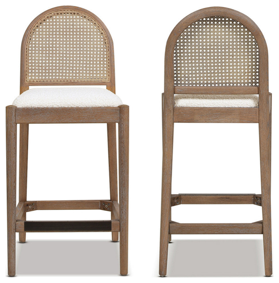 Panama Curved Back Cane Rattan Stool, Set of 2, Ivory White Boucle, 26.5" Counter Height