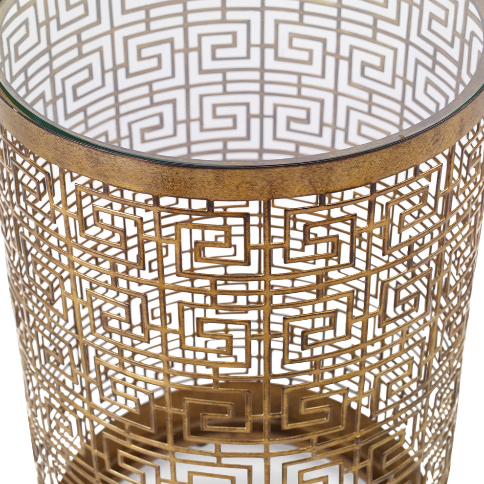 Luxe Gold Greek Key Fretwork Cage Accent Table | Round Drum Open Modern Elegant