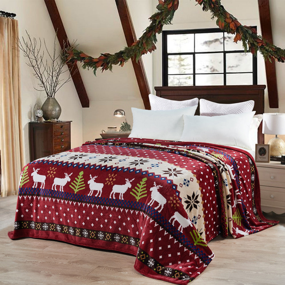 Christmas Deer Flannel Fleece Blanket, Burgundy Christmas Deer, Queen