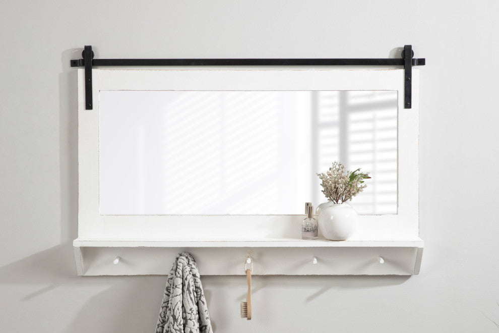 Cates Framed Wall Mirror with Shelf and Hooks, White 42x27