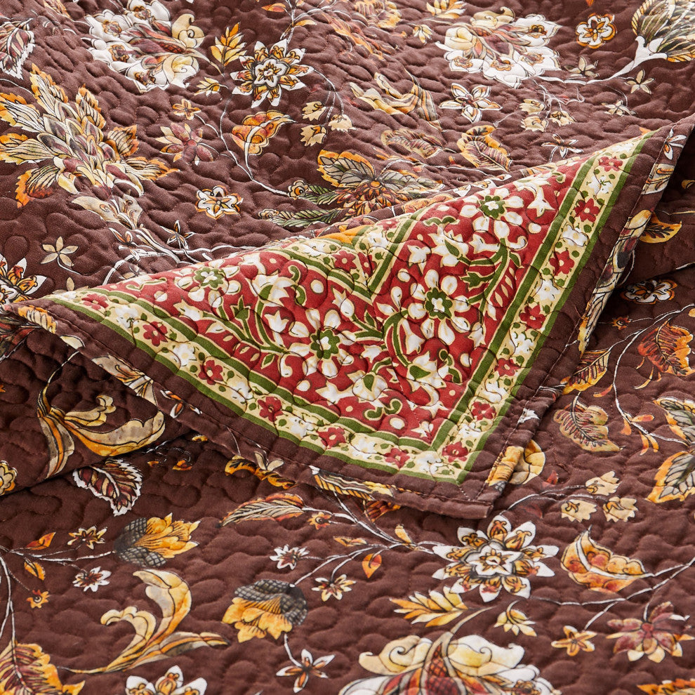 Benzara BM281995 Twin Quilt Set, Bohemian, Jacobean Floral Print, Brown, Orange