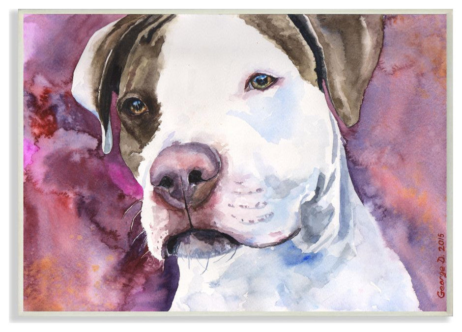 Pit Bull Dog Pet Animal Purple Watercolor Painting, 12"x18"