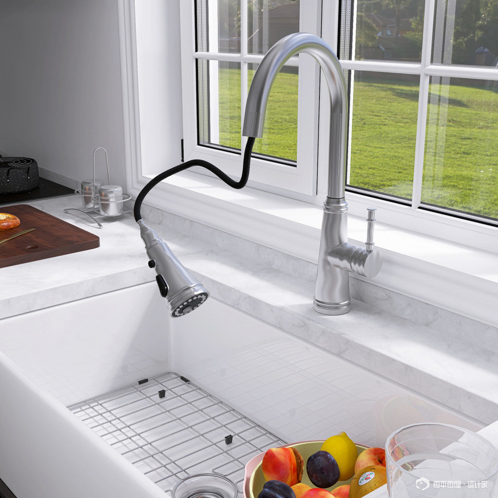 Single Handle Deck Mounted High Arc Pull Out Stainless Steel Kitchen Faucet, Bru