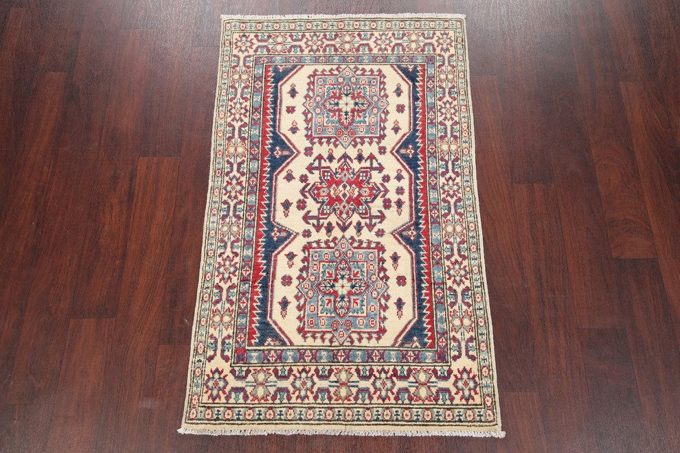 Hand-Knotted Pakistani Kazak Traditional Oriental Area Rug, Beige, 4'5"X2'8"